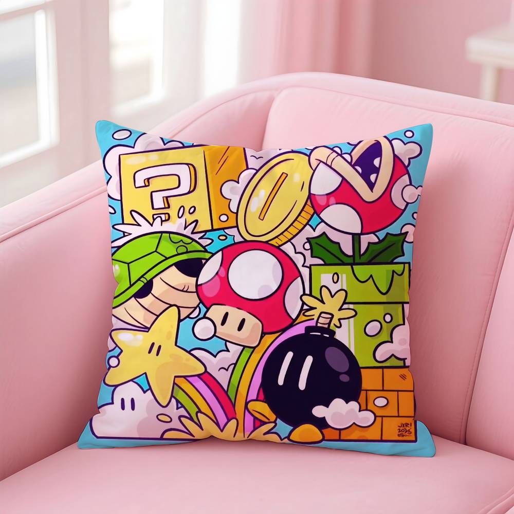 Super Cute Style M-Mario Game Pillow Case Anti-dustmite Pillowcase Invisible Zipper Silky Short Plush Sofa Cushion Cover