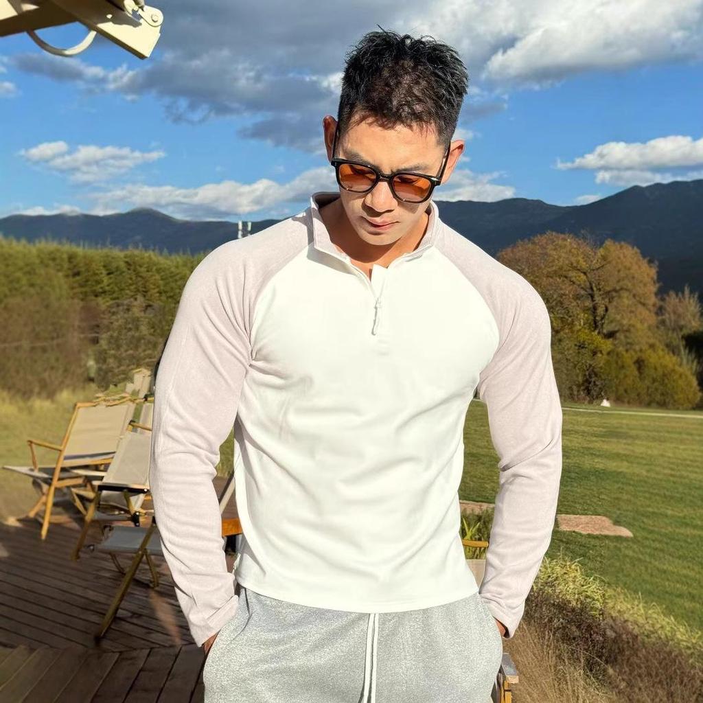 "Men's Warm German Velvet Long-Sleeve Sports Top with Half-Zip"