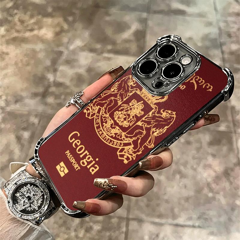 Georgia Passport Flag Plating Phone Case For Iphone 16 17 Pro Max Air 16E 14 15 Plus 12 13 Mini Anti-Fall Airabag Cover