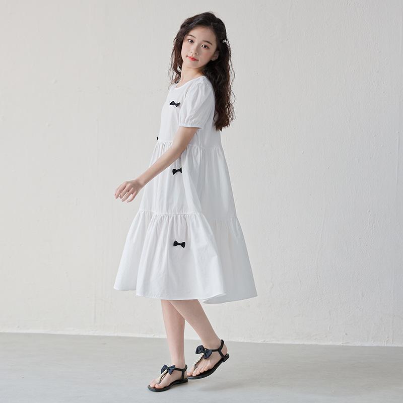 Girls Puff Short Sleeve Princess Solid Dress Kids Summer Children Dress 120cm