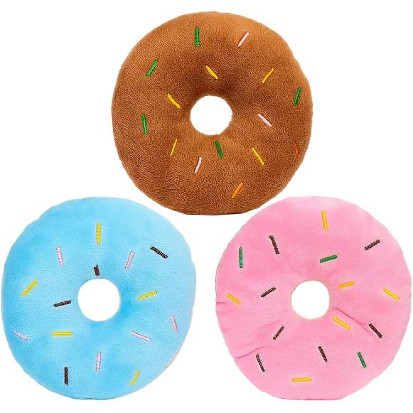 Donut Dog Toy, 3 Pack Puppy Squeaky Toys for Dogs, Dog Donut Toy Set with Blue, Pink and Brown Colors, Chew Resistant Dog Toy Donut for Small and