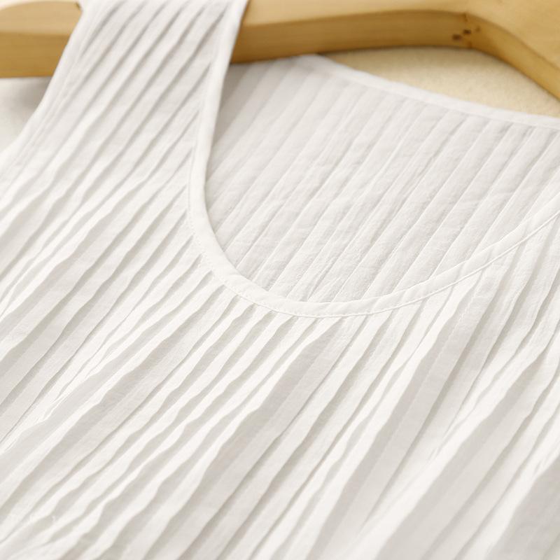 White cotton and linen vest shirt women's 2025 summer new pleated design round neck sleeveless vest pullover