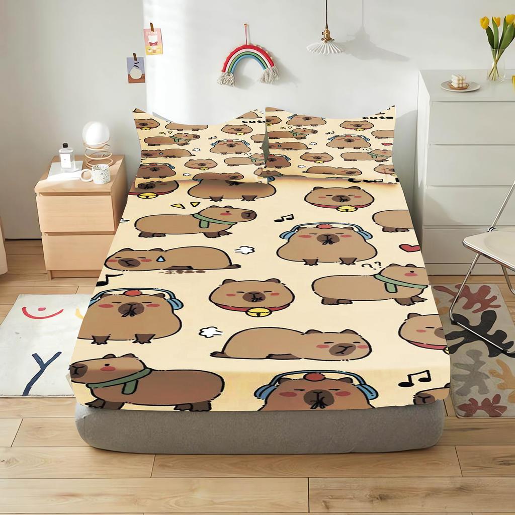 Capibara Cartoon Fitted Sheet For Children, Cute Digital Printing, Coverage, Baby Teenager With Sheets Cover, Elastic Bedding
