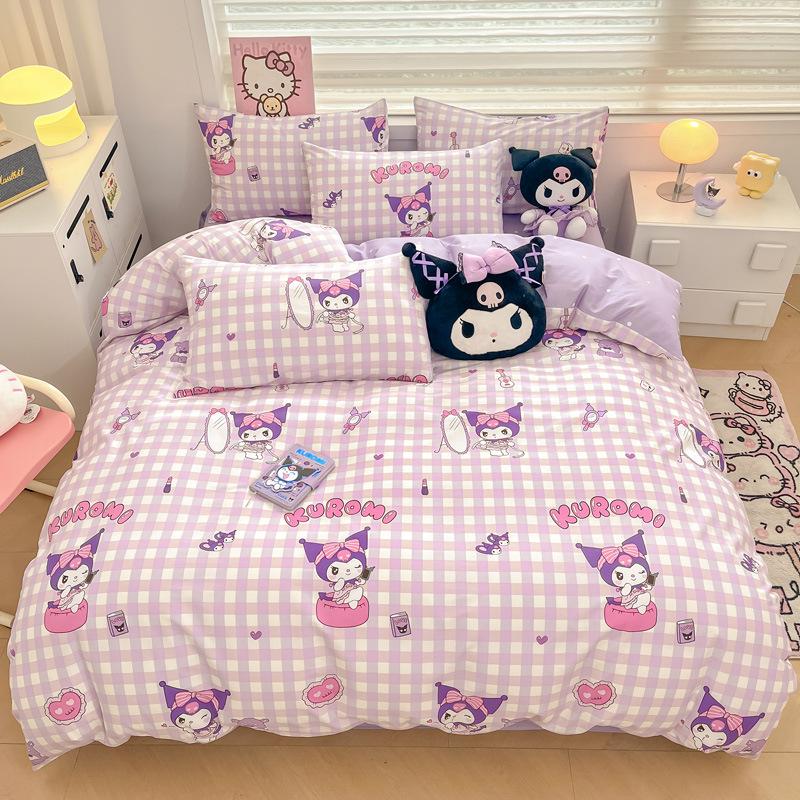 Hello Kitty All-Cotton Cute Cartoon Girl Fitted Sheet & Duvet Set - 4-Pc Dorm Style