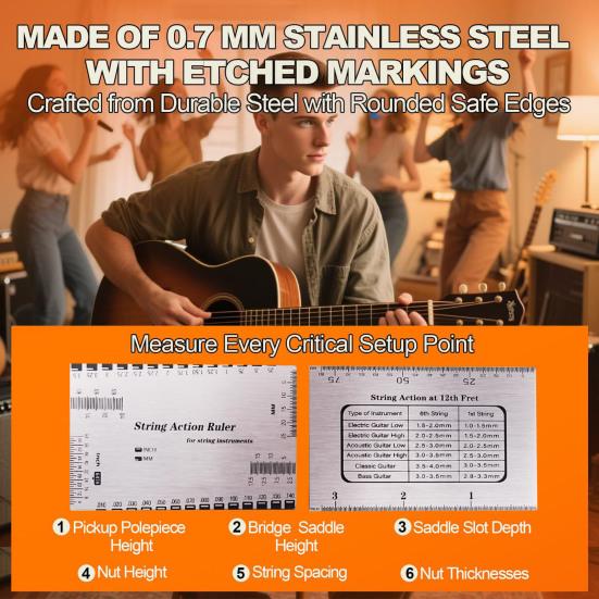 String Height Measurement Tool Multifunctional Guitar Specification Ruler Portable String Action Gauge Luthier Tool for Ukulele Bass Acoustic Guitars
