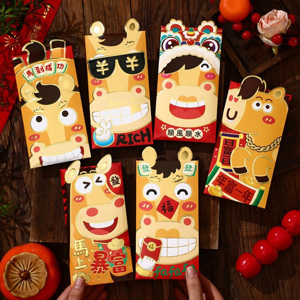 6pcs Red Color Spring Festival Hongbao Cartoon Lucky Money Envelopes Cartoon Red Packets Lunar Year