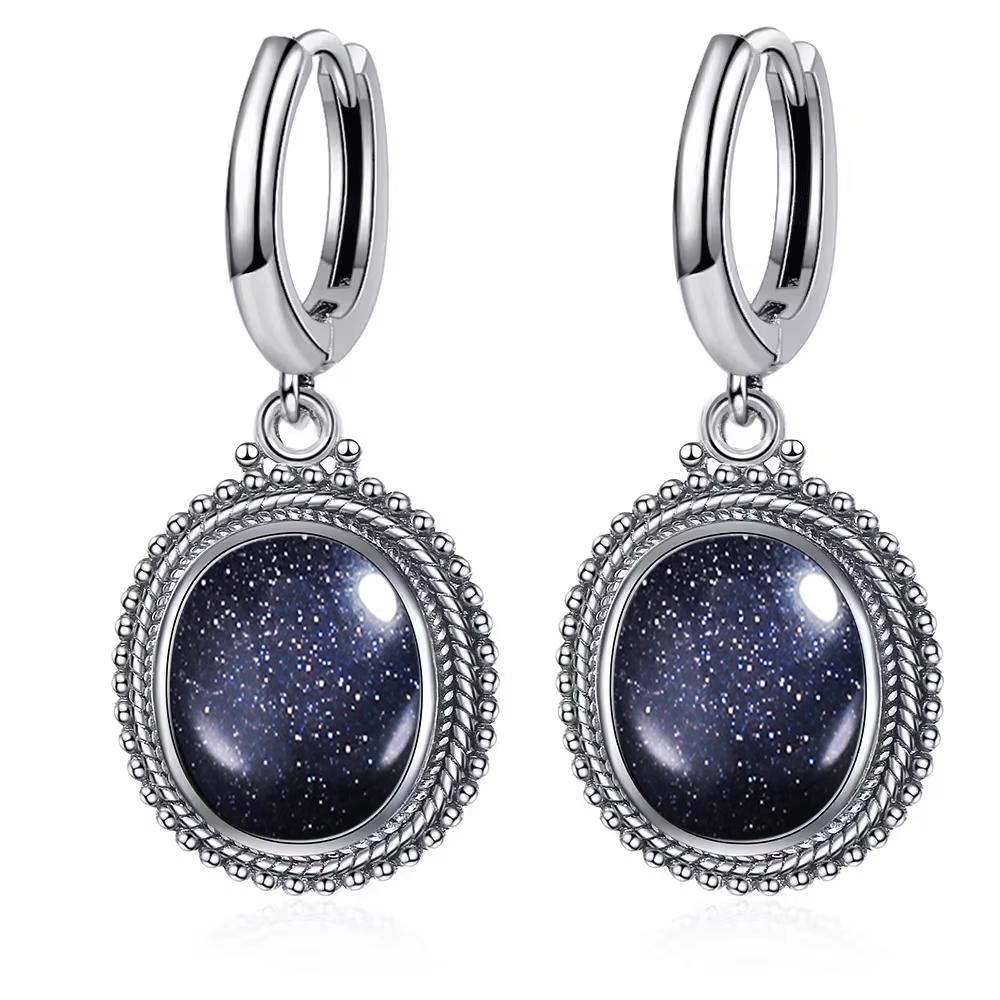 Vintage 925 Silver Natural Labradorite Earrings with Blue Light 10*12mm Big Stone Hoop Earrings Fine Jewelry for Women