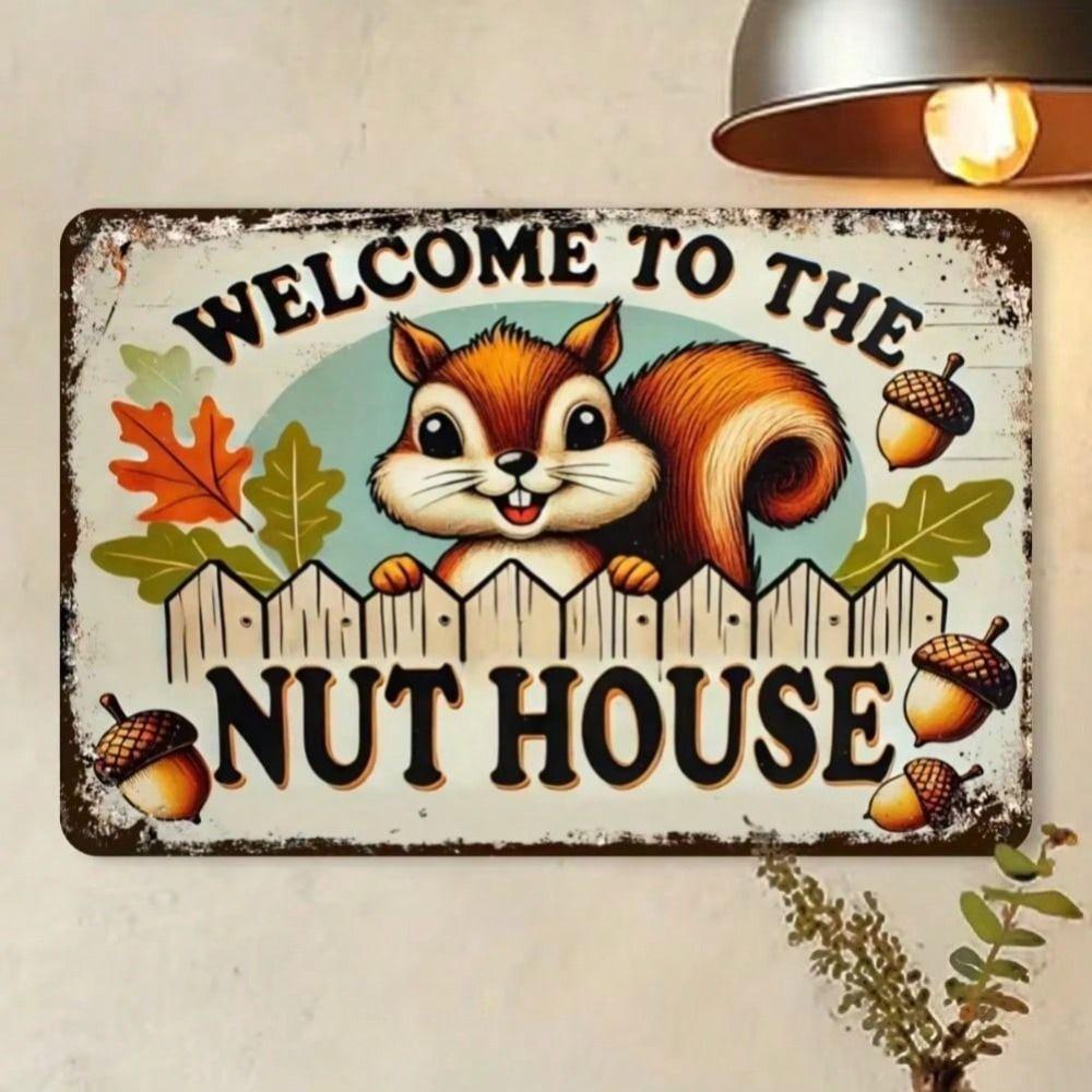 Metal Poster Squirrel Welcome Sign, Rustic Aluminum Wall Art, Garden Decor Outdoor, Cute Animal Tin Sign for Fence Patio