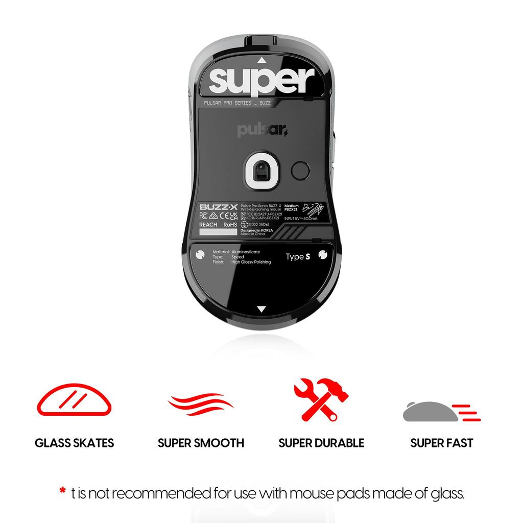 Pulsar Gaming Gears Superglide Mouse Feet for Mouse Glass Rounded High Low Super Black [Pro Series] (Type S) BUZZ-X [Tempered Material, Edge,