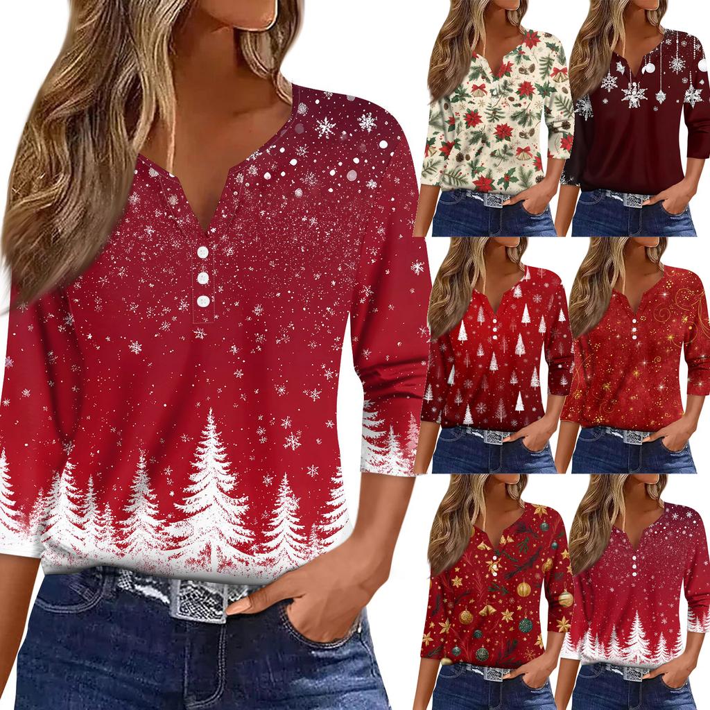 Women's T Shirt Christmas Print Button 3/4 Sleeve Daily Weekend Fashion Basic V- Neck Regular Top