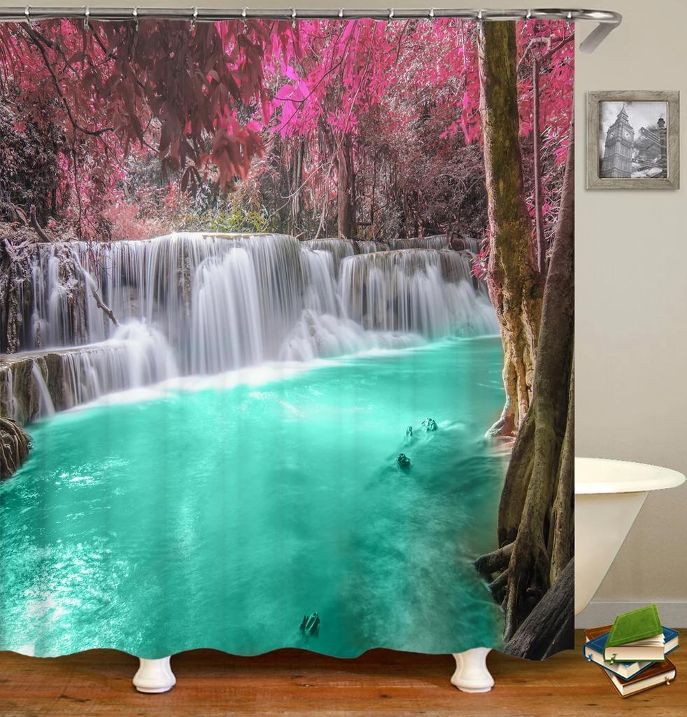 Forest Landscape Bathroom Curtain 3D Natural Scenery Waterfall Printing Shower Curtains Waterproof Polyester Home Decoration