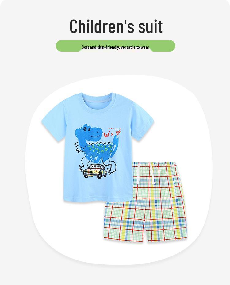 Summer 2026 Boys' Plaid Dinosaur Print Shorts Set - European & American Style Two-Piece