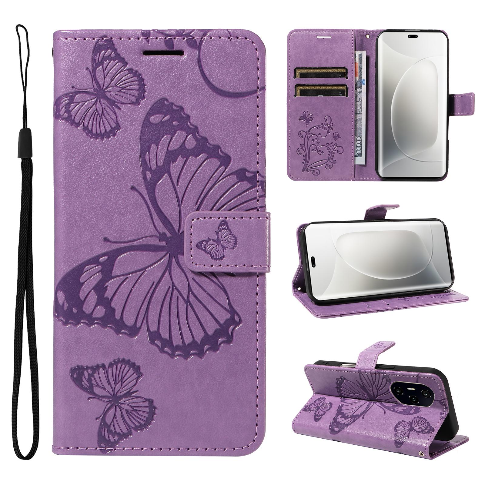 

For Honor 300 Ultra/Honor 300 Pro Wallet Case Floral Butterfly Imprinted Leather Phone Cover Stand Light Purple