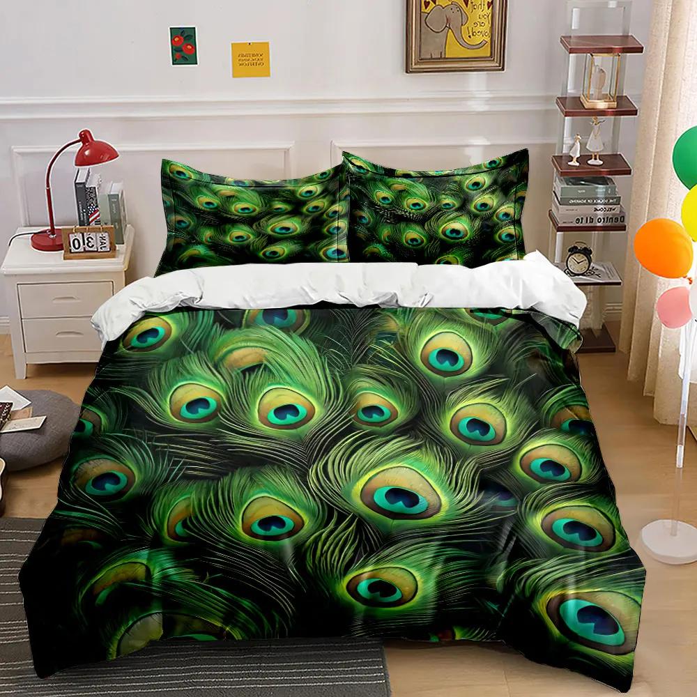 Peacock Feather Decor Set Soft Comfortable Duvet Cover Bedding Set Included 1*Duvet Cover & 2*Pillowcases Gift
