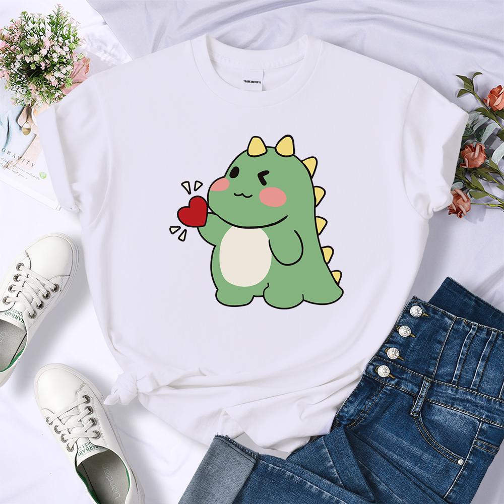 Cute Little Dinosaur Confesses Love Printing Tops Womens Soft Street T-Shirts Sport Hip Hop Tees Clothing Casual Short Sleeve