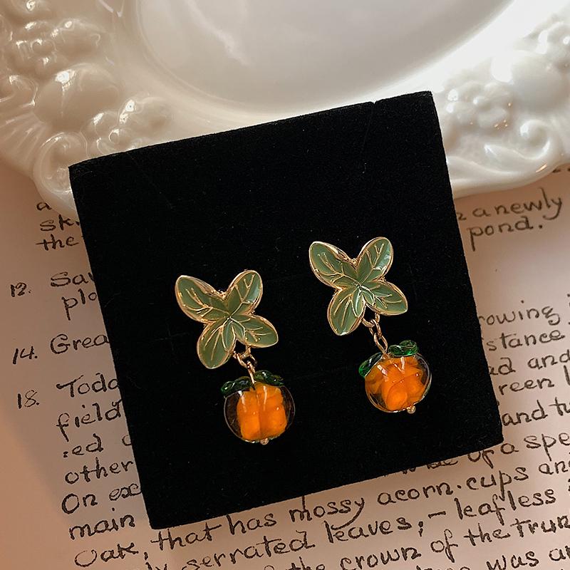 Creative Persimmon Orange Color Flower Leaf Stud Earrings For Women Painting Oil Glazed Glass Earrings Jewelry Accessories