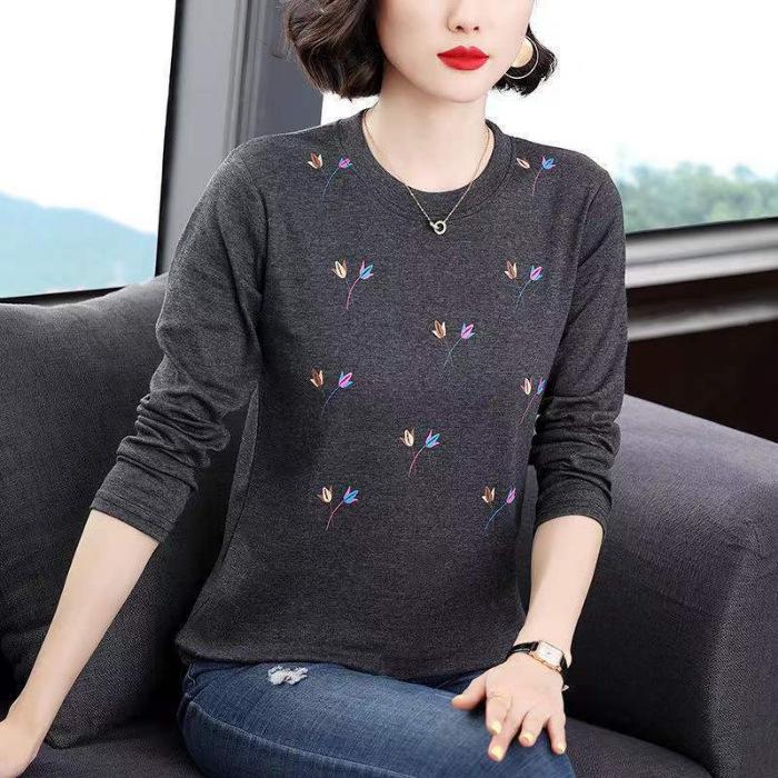 Spring and Autumn Long-sleeved Round Neck Loose Large Size Mother Middle-aged Solid Color Thin Ladies Blouse Bottoming Shirt