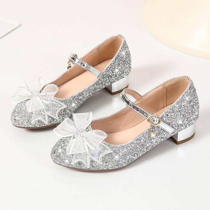 New Middle-aged Children's Soft Leather Princess Shoes Comfortable Sequins Buckle Girl Student Bow Show Catwalk Children's Single Shoes