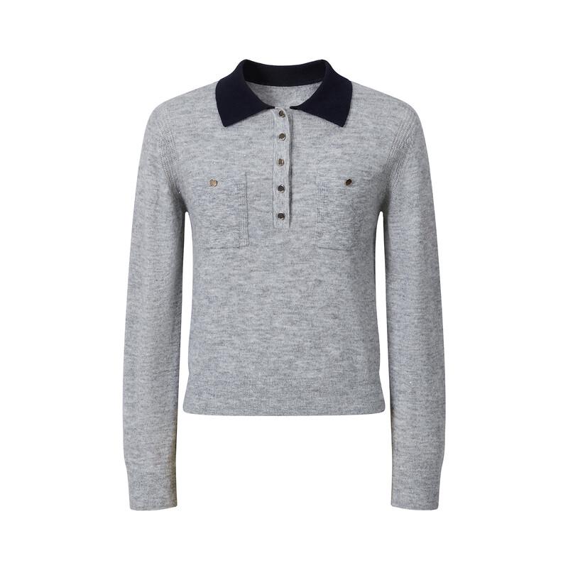 Women's Color-block Polo Collar Wool Blend Knit Sweater