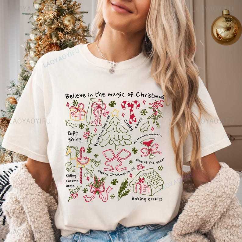 

Retro Christmas Shirts for Women Christmas Cotton Shirt Believe in The Magic of Christmas Vintage Holiday New in Tops Tees 4XL