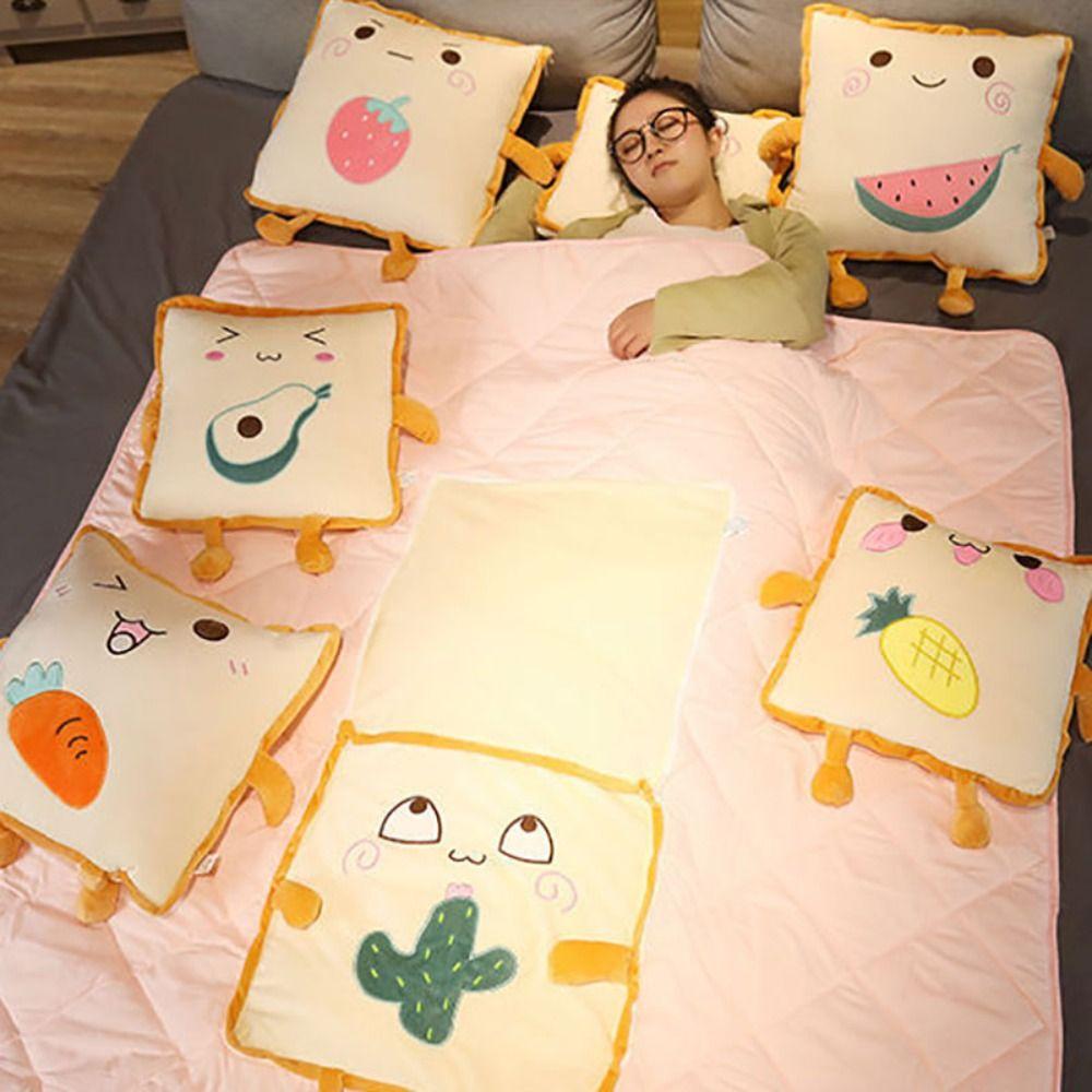 Plush Pillow Blanket Cartoon Pattern Air Conditioning Quilt Portable Nap Blanket Sofa