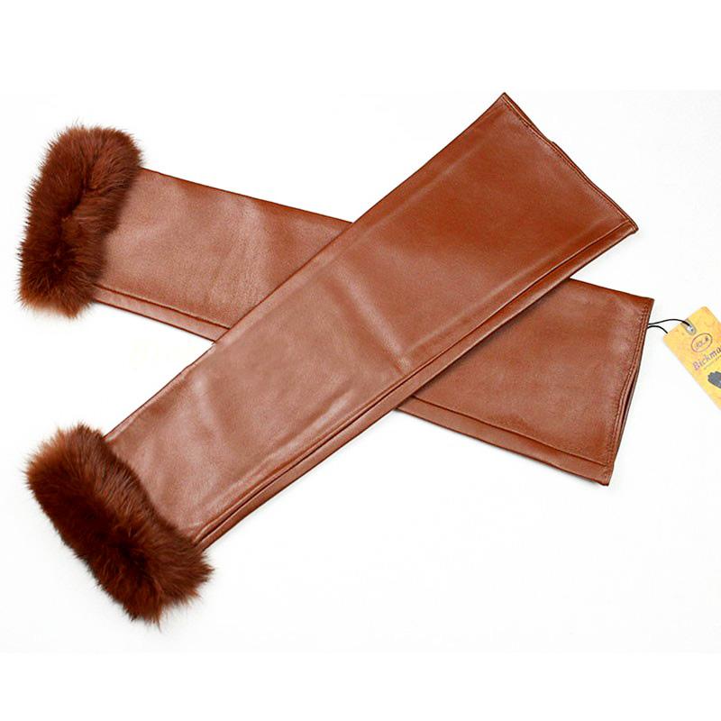 40CM Long Leather Sleeves Women's Rabbit Fur Cuffs Velvet Lining Warm and Fashionable Sheepskin Fingerless Gloves
