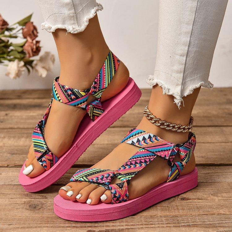 thick-soled famous style fish mouth color matching Velcro beach sandals new cloth striped women's shoes