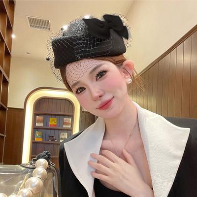 Black Stewardess Hat French Temperament Mesh Lace Woolen Hat British Berets For Women