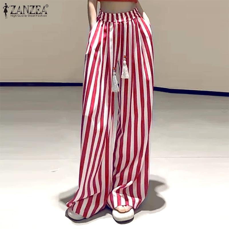 ZANZEA Women Casual Elastic Waist Loose Stripe Print Pants
