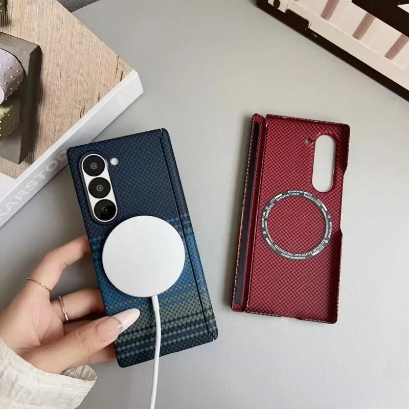 600D Carbon Fiber Texture MagSafe Phone Case for Samsung Galaxy Z Fold 7 6 5 5G Hinge Busine Magnetic Wireless Charging Cover