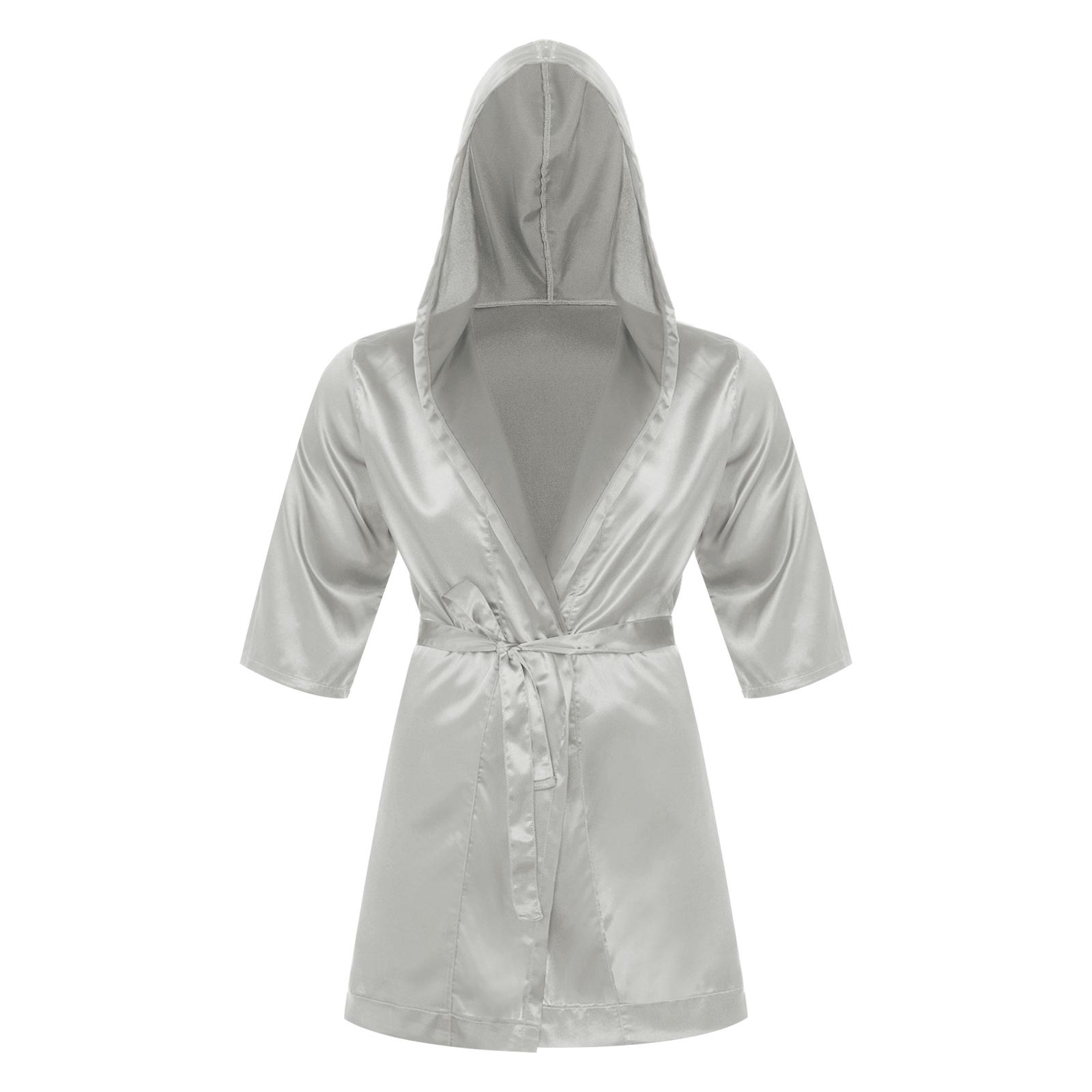 

Мужской атласный халат с капюшоном, открытое кимоно с поясом, ночная рубашка, халат для отдыха с коротким рукавом M серый