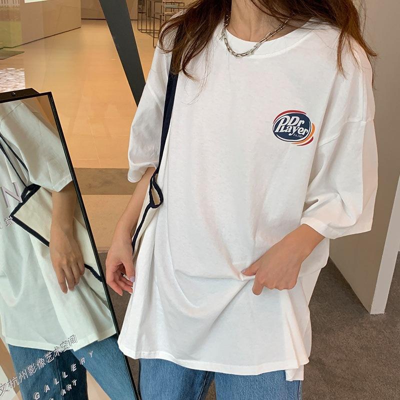 

Pull frame cotton spring and summer new large size loose Hong Kong flavor short-sleeved t-shirt women M белый