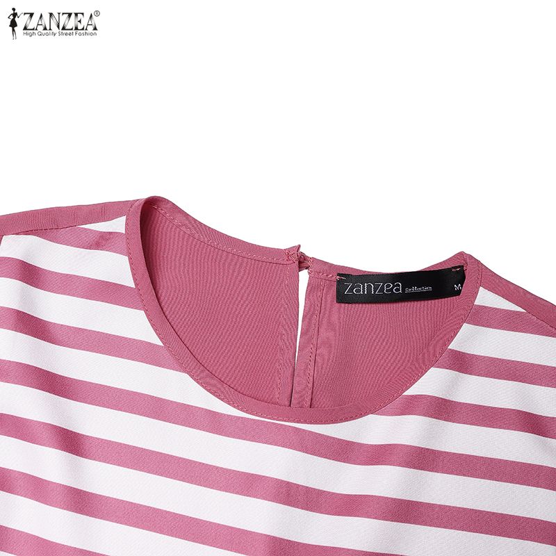 ZANZEA Robe longue décontractée pour femme à col rond, manches longues, coupe ample, patchwork à rayures