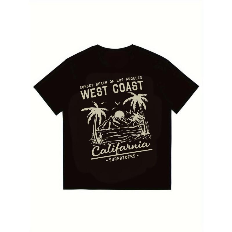 His-and-hers Matching Men's Black T-Shirt West Coast California Sunset Beach Palm Trees Mountain Surf Riders Graphic Print Casual Summer Wear