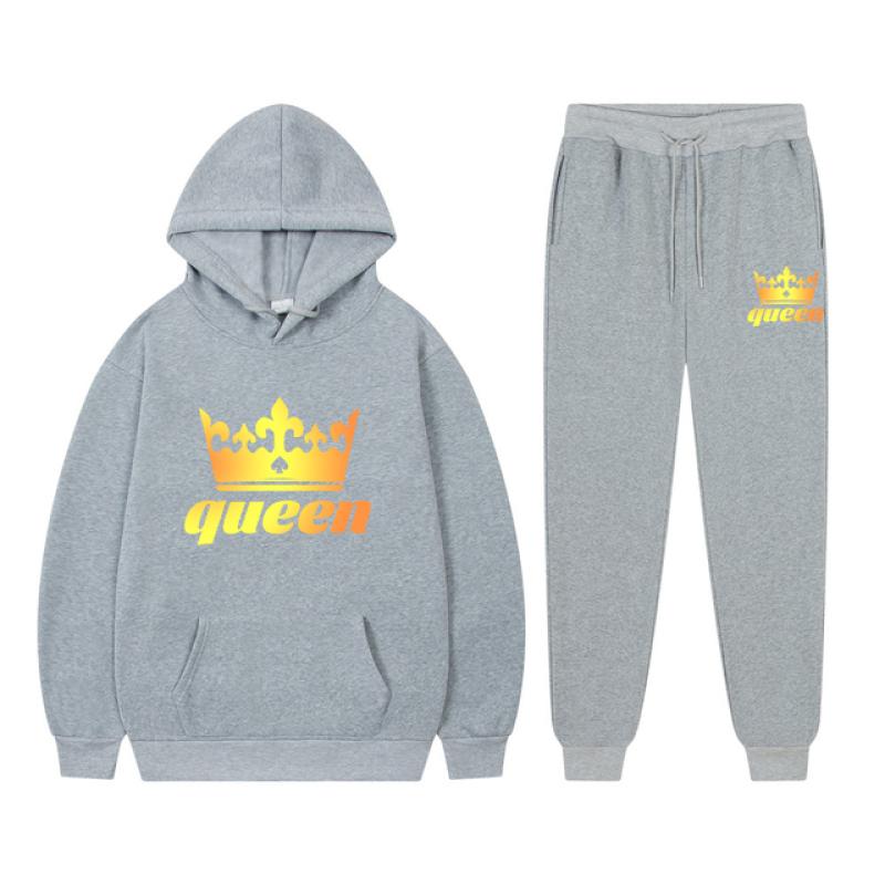 Long Sleeved Tracksuit QUEEN KING Print Lover Couple Outfits Fleece Hoodie Sweatpants Oversized Sweatshirt Pants Suit Men Clothe