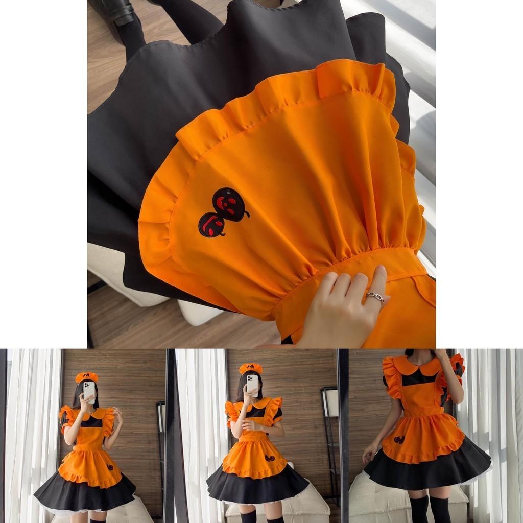 Cute Lolita Pumpkin Maid Halloween Party Costume Dress With Headdress