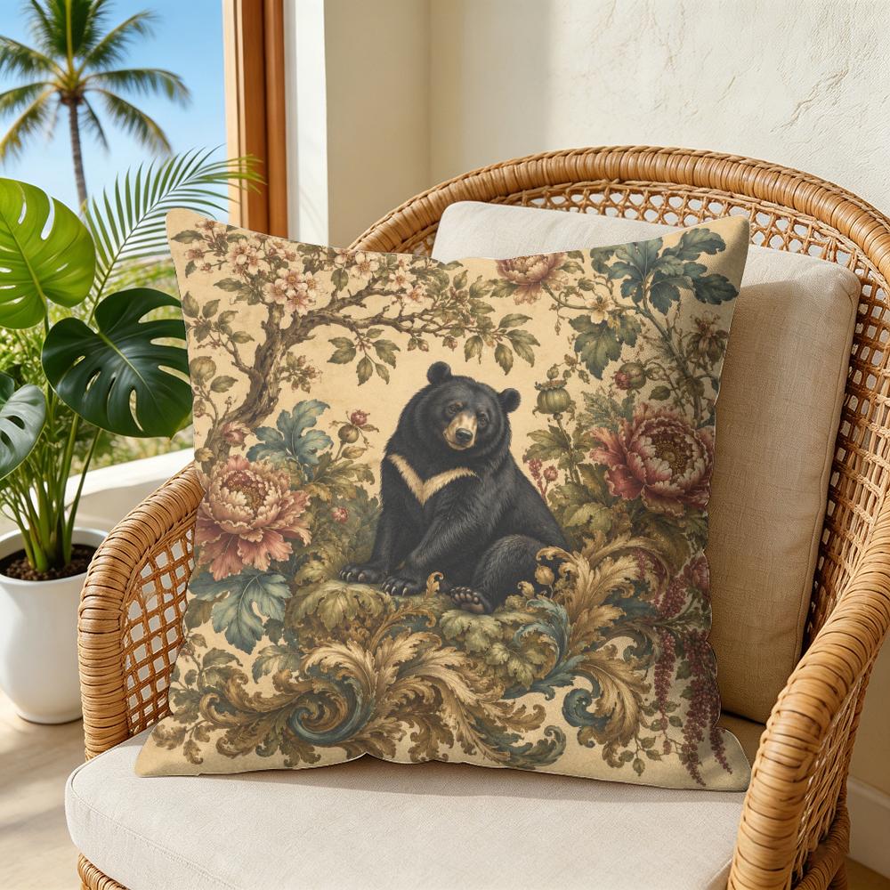 Woodland Botanical Bear And Cub Cushion Cover Double-Sided Plush Sofa Cushion Covers Organic Breathable Invisible Zipper