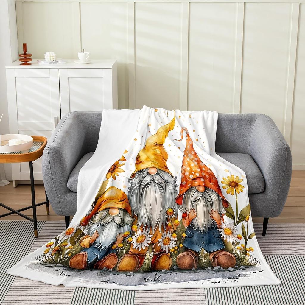 Gnome Yellow Sunflower Microfiber Fleece Throw Blanket Queen For Kids Boys Girls, Gnome Dwarf All Seasons Flannel Blanket For