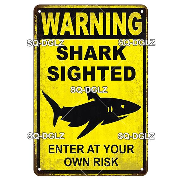 SQ-DGLZ Vintage Metallskylt Varning Haj Poolregler Tennskylt Havsbutiksskylt Hembar Väggdekor Klistermärke Dekorationsplatta Affisch