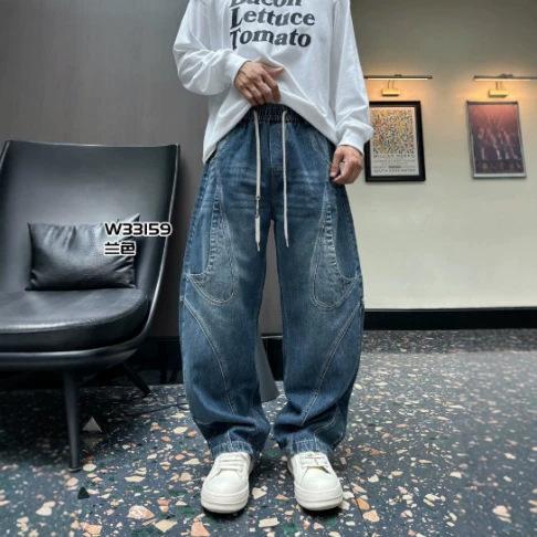 American retro washed blue jeans men's autumn new loose wide-leg pants drawstring elastic waist trousers