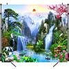 Chinese Feng Shui Waterfall Mountain Backdrop, Lucky Koi & Pine Tree Photography Background