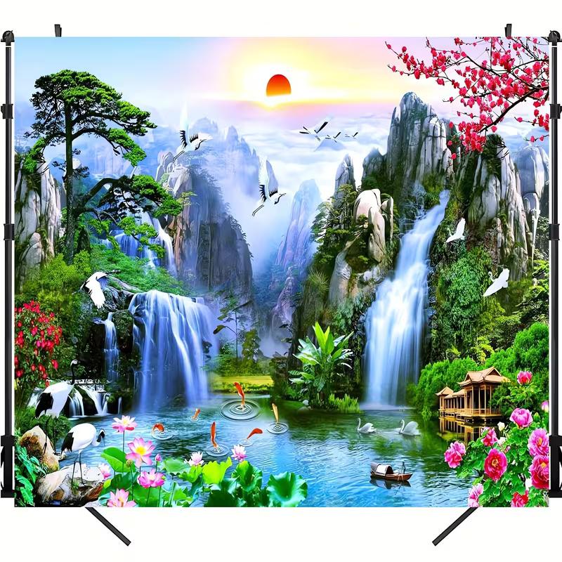 Chinese Feng Shui Waterfall Mountain Backdrop, Lucky Koi & Pine Tree Photography Background