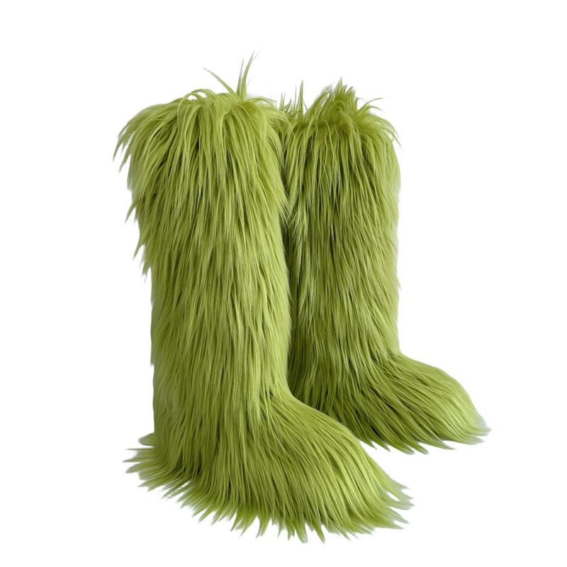 Faux Fur Snow Boot for Women Winter Warm Fluffy Long Furry Long Boots Women's Outdoor Fuzzy Knee-High Boots Plush Warm Snow Shoes for Outdoor Indoor