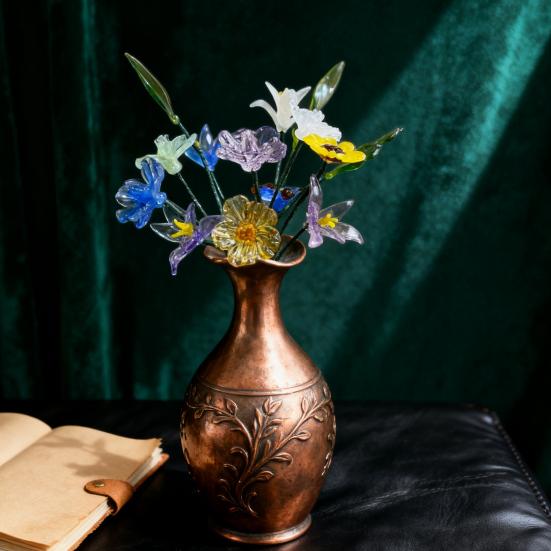 Ručně foukaná skleněná květinová dekorace s drátěným stonkem, ručně vyráběná figurka s barevnou glazurou, květinová váza, ozdoba do domácího obývacího pokoje, na kancelářský stůl