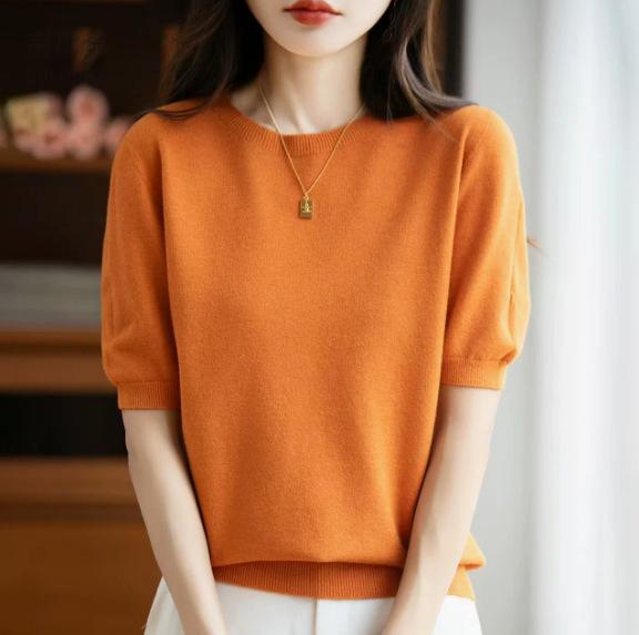 Spring Autumn Women Sweater O-Neck Cashmere Pullover Basic Short Sleeve Clothing Comfort Top Casual Solid