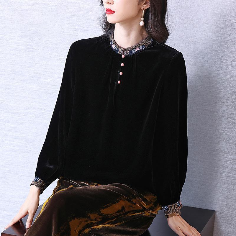 Bluzka z aksamitu damska jesienna moda czarna etniczna styl chiński retro temperament koszula