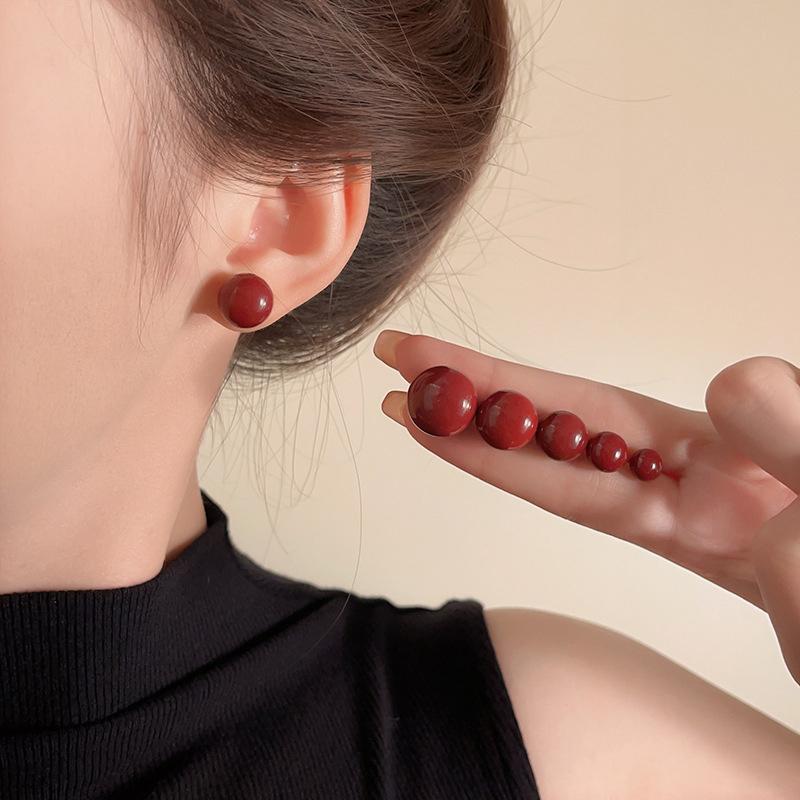 Real 925 Silver 6/8/10/12/14MM Red Artificial Pearl Stud Earrings For Women Classic Fine Jewelry Minimalist Accessories