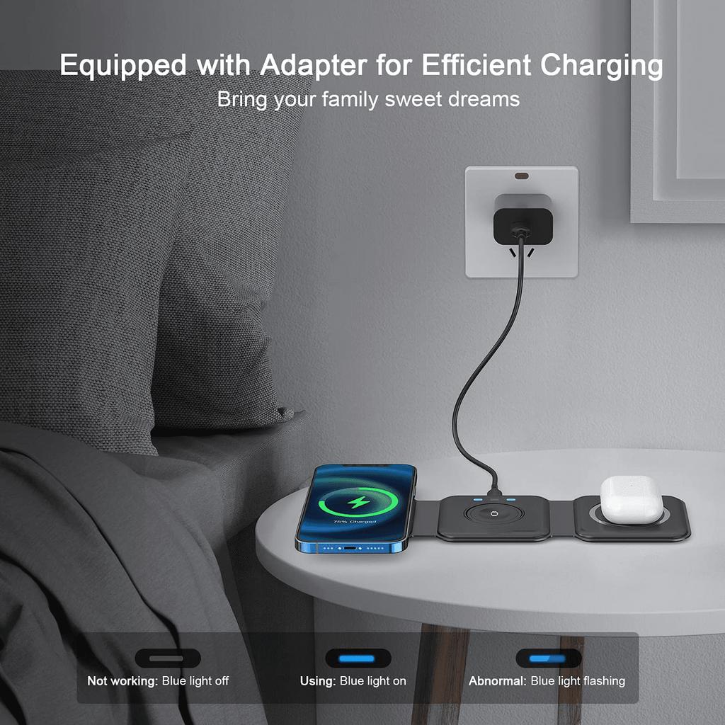 3-in-1 Wireless Charging Pad Portable Magnetic Foldable Travel Charger with Adapter for iPhone 13/12/Pro/Max, iWatch, AirPods 3/2/Pro, Black