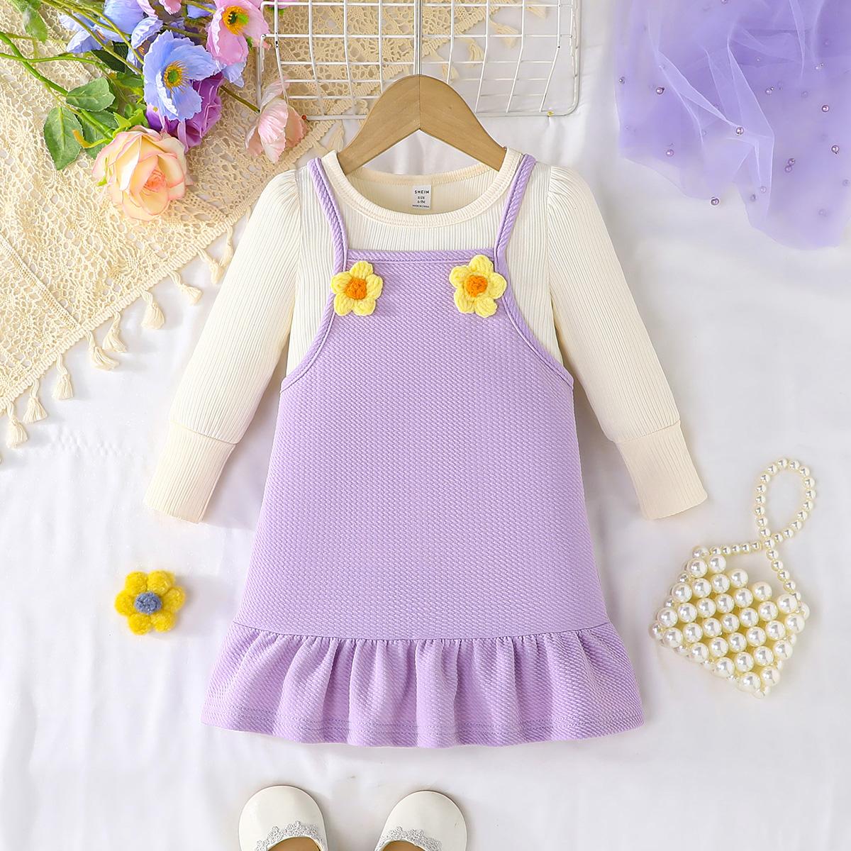 

Baby Girls Co-Ord Set, Long Sleeve Ribbed Top with Flower Accent Cami Dress 2-3Y