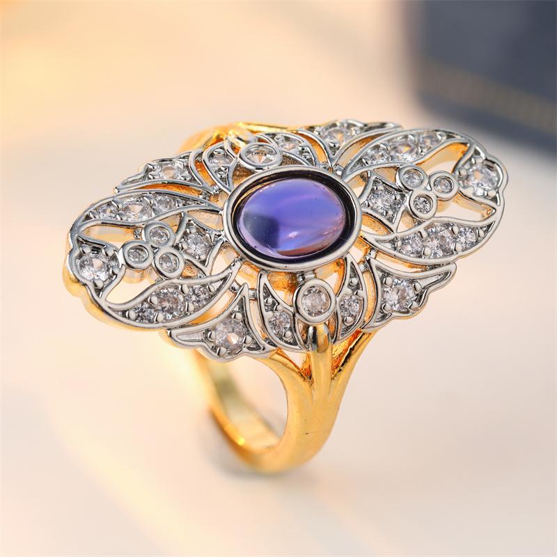 Vintage Inlaid Purple Stone CZ Women's Ring Ethnic Two Color Hand Carving Daily Wear Party Jewelry Anniversary Gift
